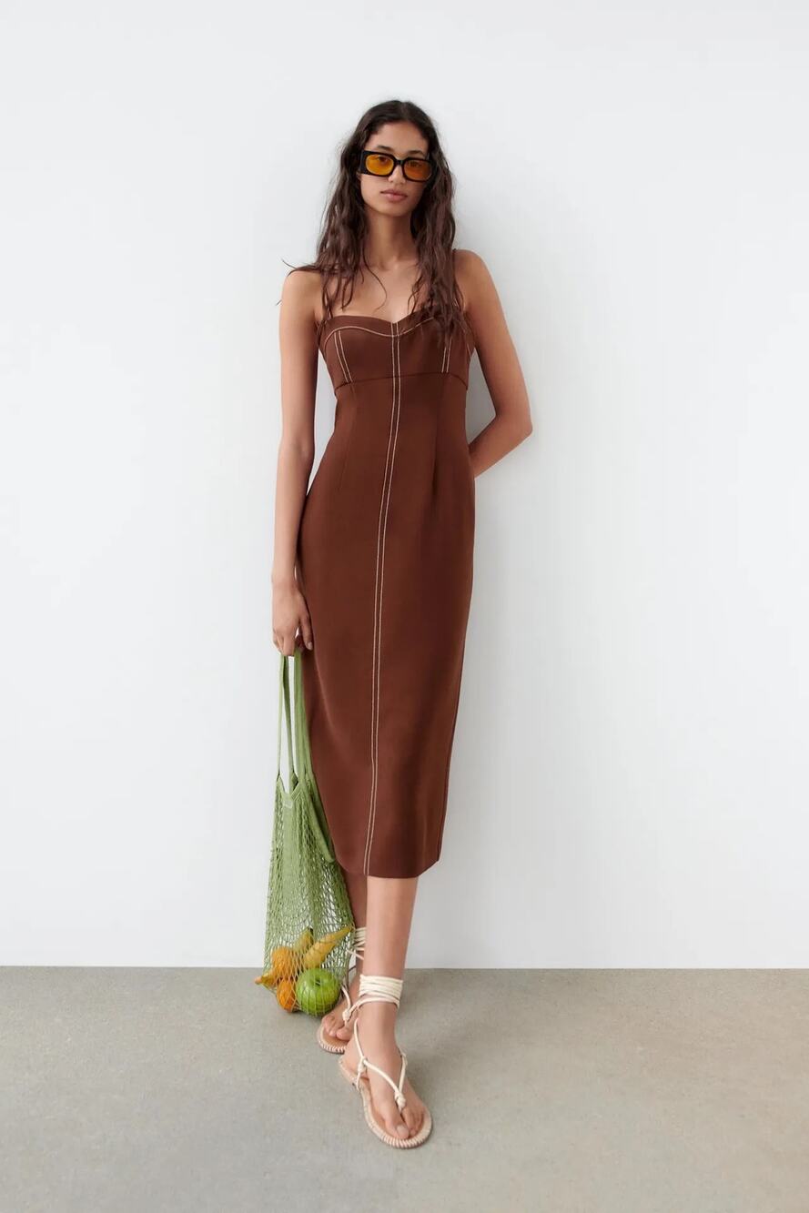 ZARA Brown Contrast Topstitched Tube Midi Dress